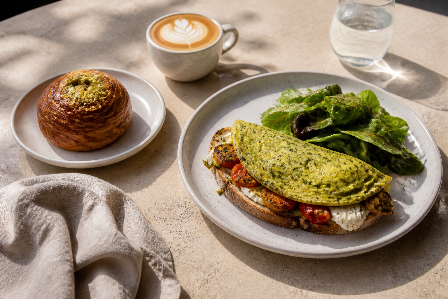 Herb omelette, flat white and cardamom bun on a limestone table