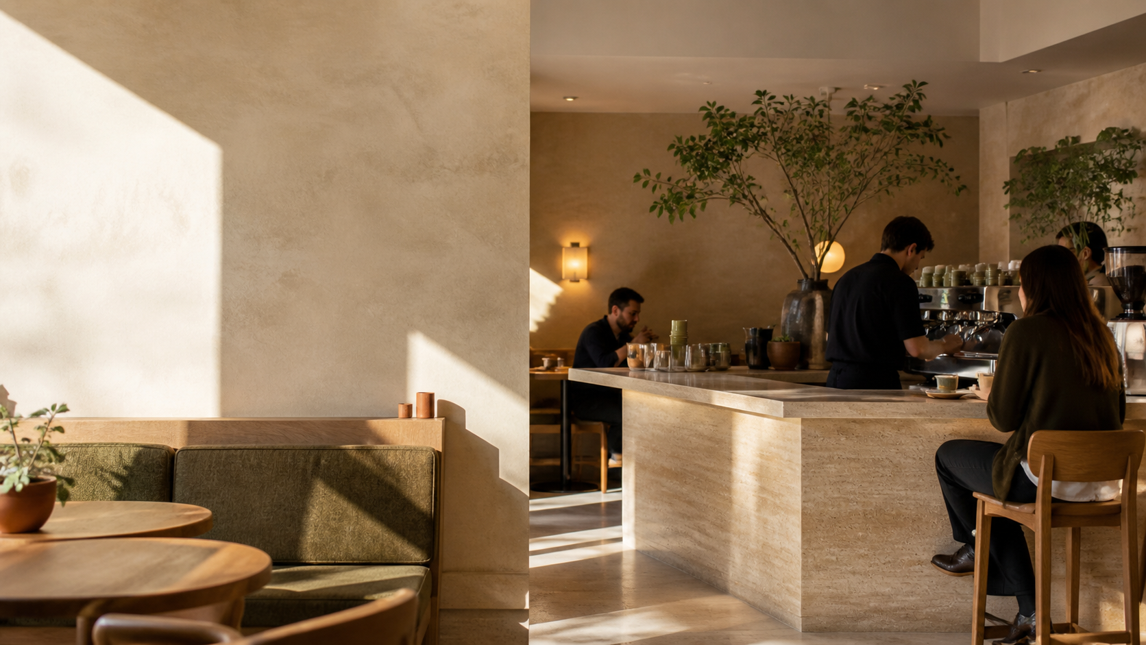Warm sunlit limestone café interior